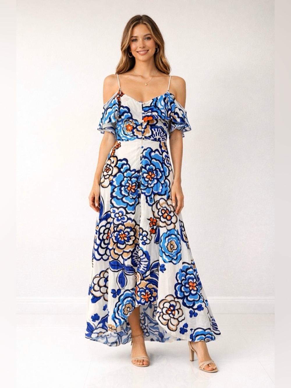 KAS New York Floral Ruffle Sleeve Maxi Dress Blue Orange NWT Sz S
